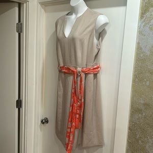 Tahari tan dress with belted scarf size 18W.